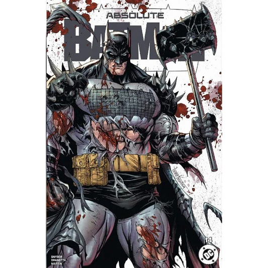 Absolute batman #14 comic featuring batman in black armored suit with spiked gauntlets and yellow utility belt by tyler kirkham