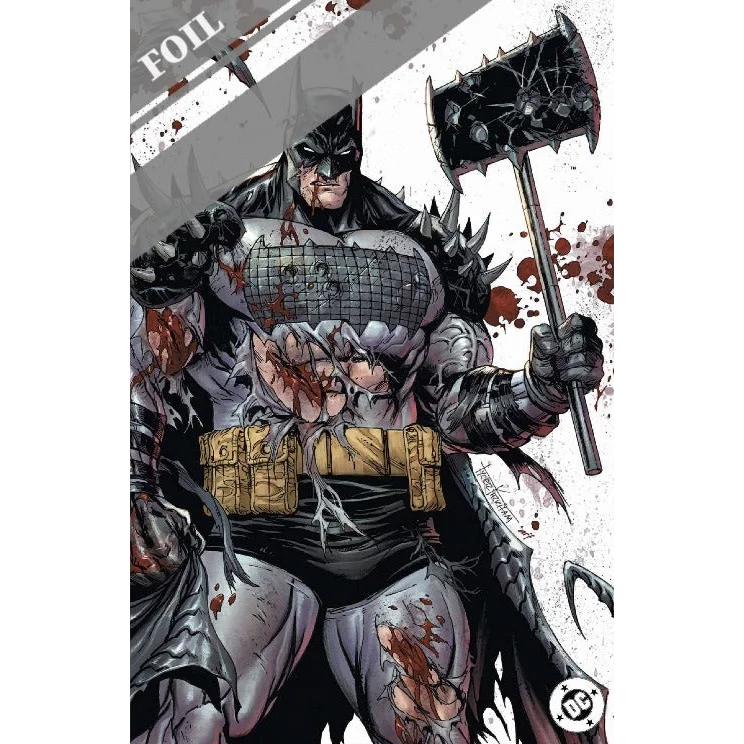 Absolute batman #14 comic featuring batman in battle-worn spiked black and silver armored suit with bloodstains by tyler kirkham