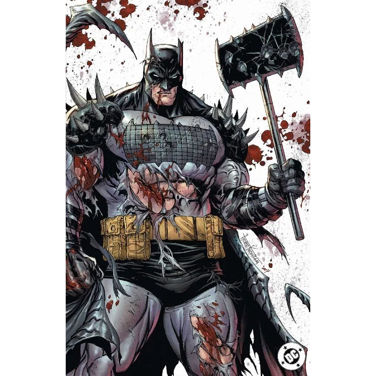 Absolute batman #14 comic cover by tyler kirkham featuring batman in black spiked armored suit with blood splatters and broken axe