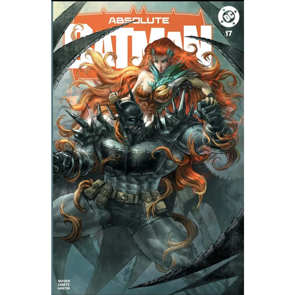 Batman in dark armored suit with spikes stands under glowing Absolute Batman title