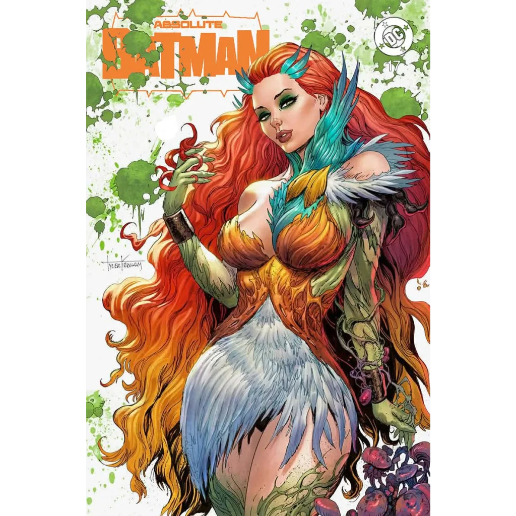 Illustration of poison ivy with red orange hair and green orange blue white feather costume in absolute batman 17 by tyler kirkham