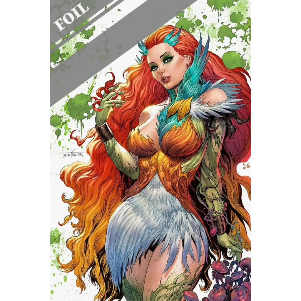 A vibrant absolute batman comic cover by tyler kirkham featuring poison ivy with green skin and teal orange feathers