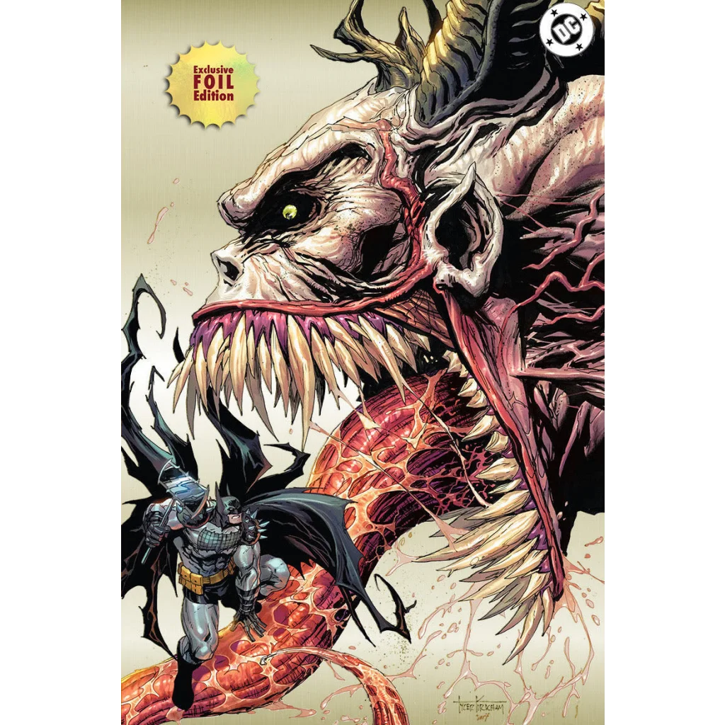 Cover art of absolute batman 18 by tyler kirkham features a menacing pale monster with sharp yellow eyes and fangs in gold foil