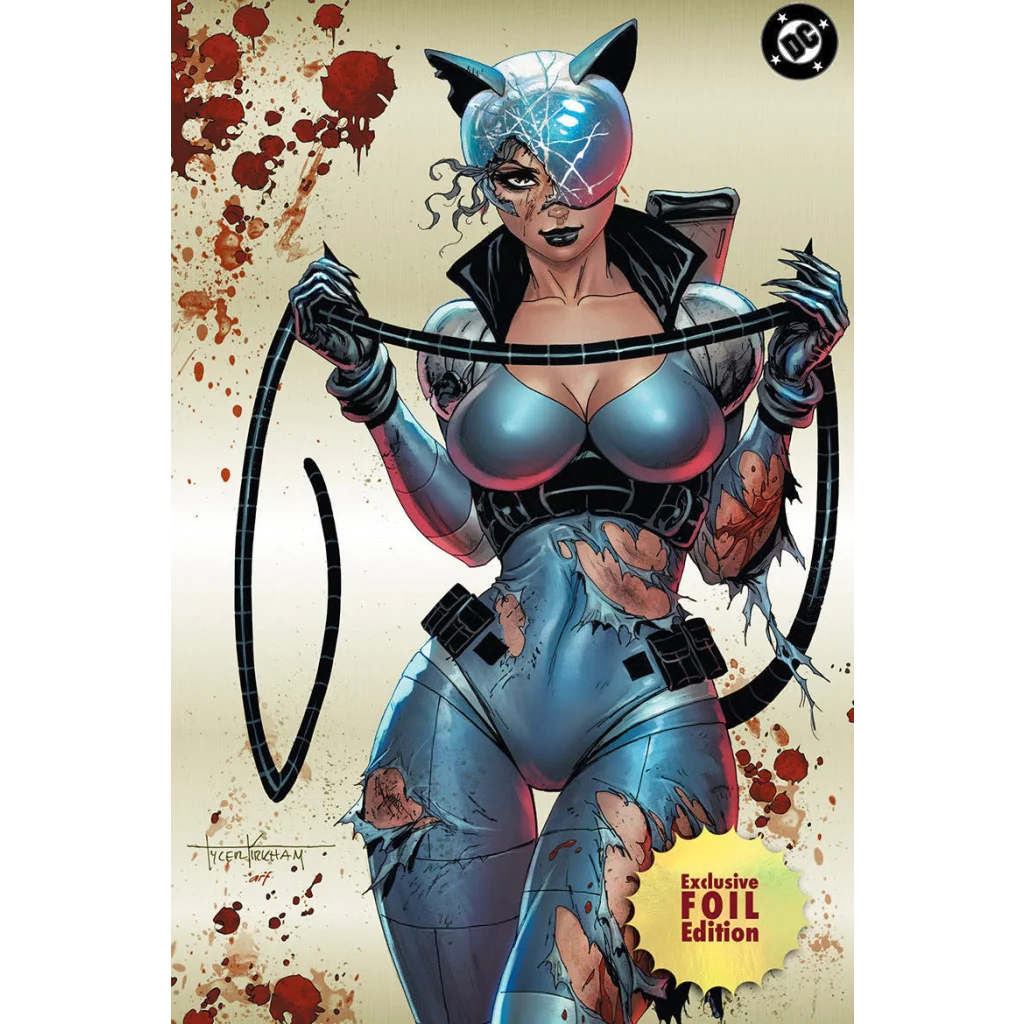 A sleek metallic blue and black catwoman costume with torn fabric on absolute batman 18 tyler kirkham gold foil comic cover