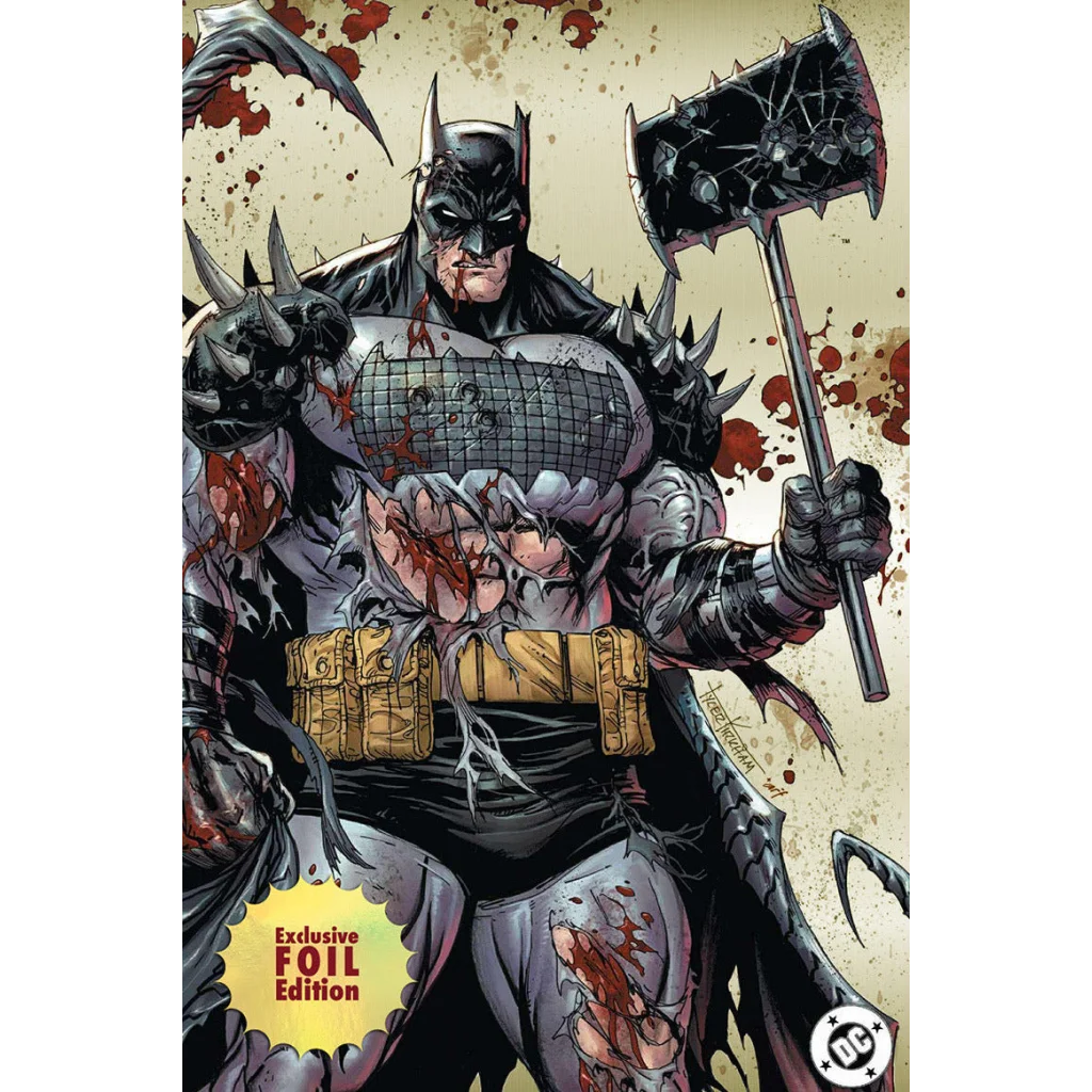 Absolute batman #18 comic featuring batman in black spiked armor with blood splatters and gold utility belt by tyler kirkham