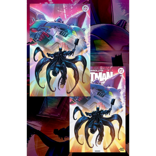 Absolute Batman #20 Noobovich variant features Batman in a black octopus-like suit with glowing blue accents before a robotic vehicle