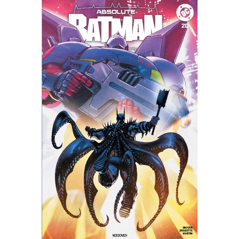 Absolute batman #20 noobovich variant cover showing black armored batman with spiked cape and hammer fighting giant robot