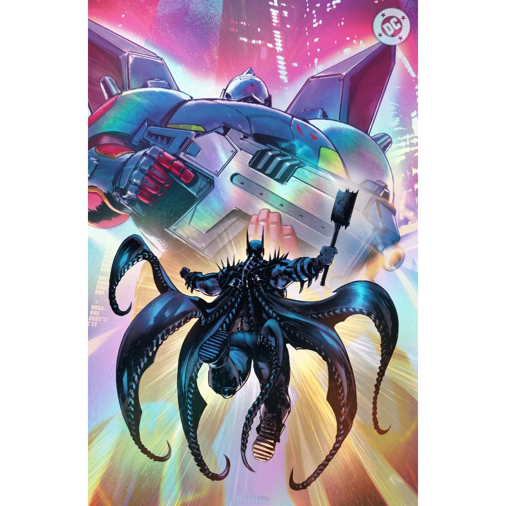 Batman in a black spiky armored suit with tentacle appendages stands before a massive futuristic mech in absolute batman #20 noobovich variant rabbit exclusive