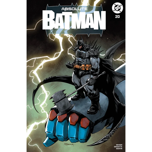 Absolute batman #20 stephen segovia exclusive variant featuring batman in dark gray armored suit atop enemy fist
