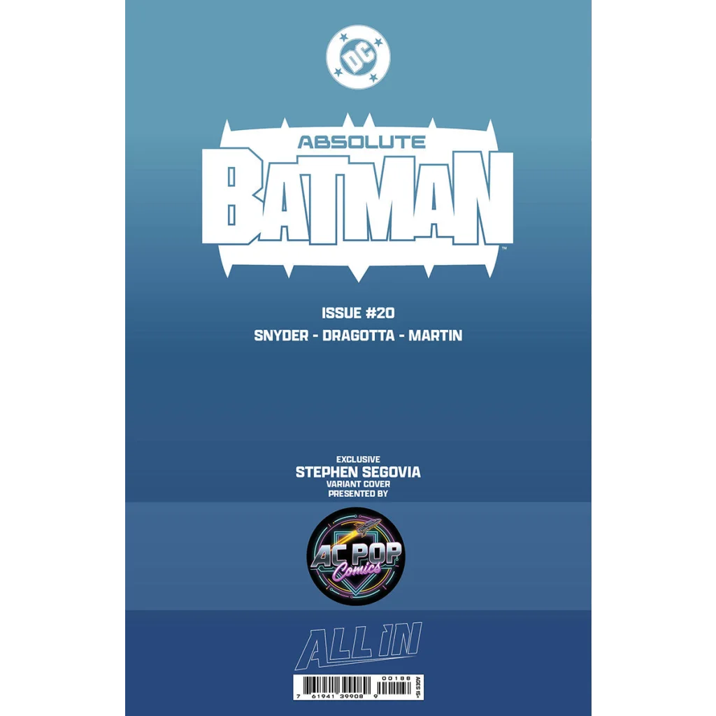 Blue absolute batman comic book cover featuring white stylized lettering and circular logo stephen segovia exclusive variant