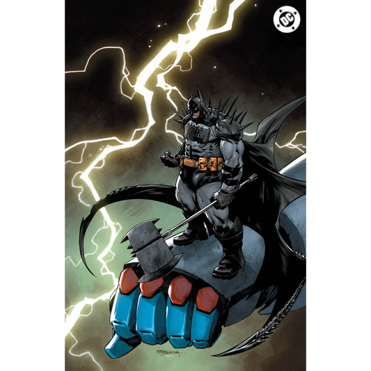 Batman in black and gray armored suit with orange belt standing on blue hand holding bat weapon stephen segovia exclusive absolute batman
