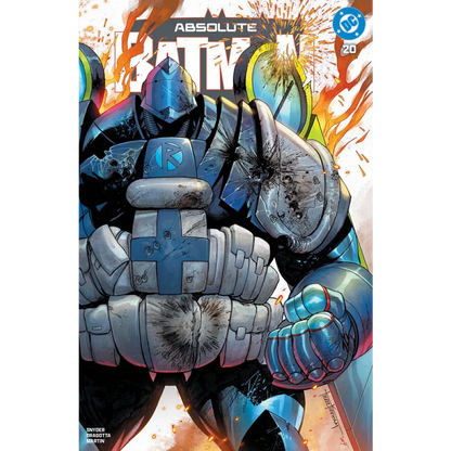 Blue and gray armored batman with cracked battle-worn suit and glowing blue accents in absolute batman tyler kirkham exclusive