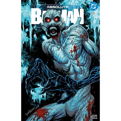 A chilling pale blue zombie-like absolute batman with glowing red eyes and blood splatters by tyler kirkham exclusive var