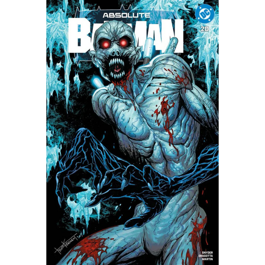 A chilling pale blue zombie-like absolute batman with glowing red eyes and blood splatters by tyler kirkham exclusive var