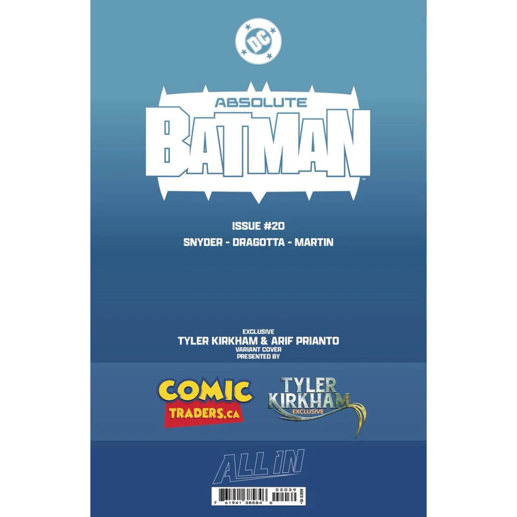 Blue dc absolute batman comic book cover with white stylized lettering and circular logo tyler kirkham exclusive var