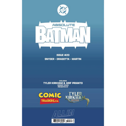 Blue dc absolute batman comic book cover with white stylized lettering and circular logo tyler kirkham exclusive var