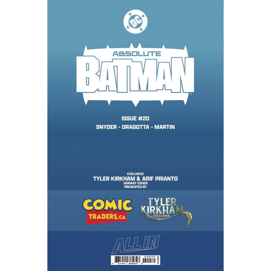 Blue dc absolute batman comic book cover with white stylized lettering and circular logo tyler kirkham exclusive var