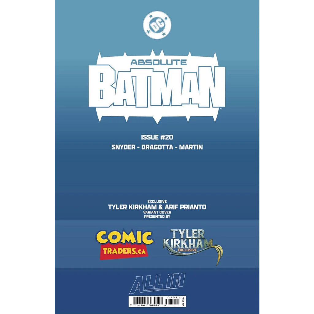 Blue absolute batman #20 comic book cover with white stylized lettering and dc logo tyler kirkham exclusive variant