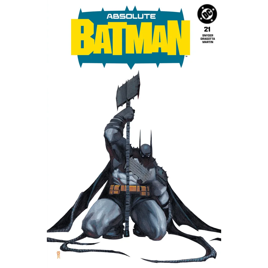 Batman in dark gray and black armored suit kneeling with jagged axe on absolute batman 21 miguel mercado exclusive var