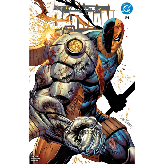 Absolute batman 21 tyler kirkham exclusive battle damaged deathstroke var metallic blue orange suit with blood splatters