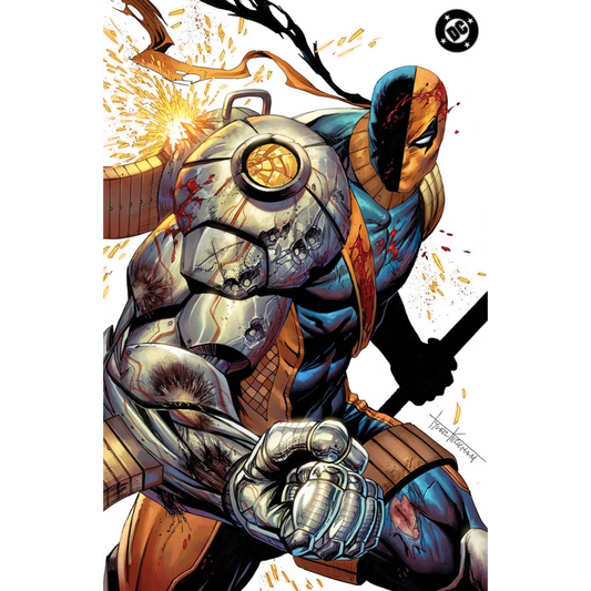 Absolute batman #21 tyler kirkham exclusive battle damaged deathstroke in blue and orange armored suit with blood splatters