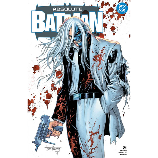 A grim pale-skinned batman with white hair and blue skull face in a torn blood-splattered suit holds a futuristic gun on the tyler kirkham exclusive battle damaged batman #21 cover