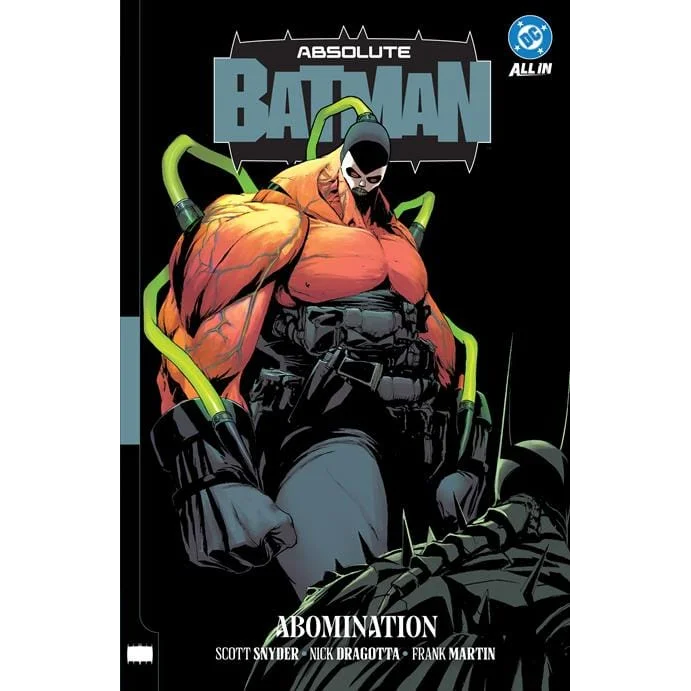 Cover of absolute batman the abomination hardcover comic book featuring muscular figure in orange and black suit with green cables