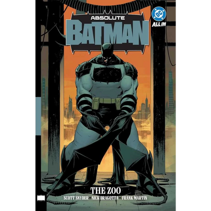 Absolute batman hard cover 2 book set features batman in black and grey suit against an orange city skyline background