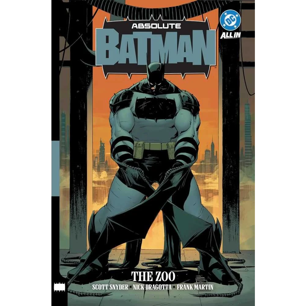 Batman in black and grey suit with pointed cowl stands against orange city skyline on absolute Batman the Zoo hardcover