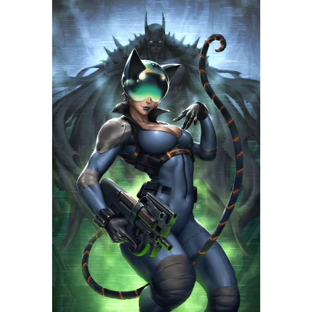 Blue and black armored absolute catwoman suit with glowing green visor and segmented tail by kendrick lim