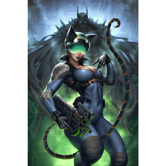 Blue and black armored absolute catwoman suit with glowing green visor and segmented tail by kendrick lim