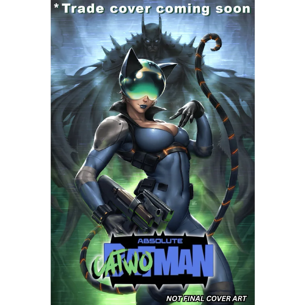 Absolute catwoman #1 by kendrick lim features catwoman in a sleek dark blue armored suit with glowing green visor and orange tail accents