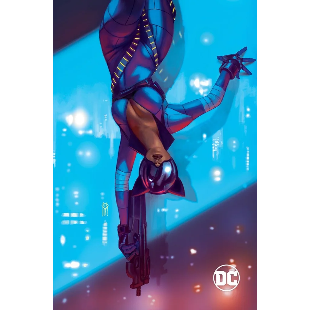 A sleek futuristic blue and purple armored suit with glowing yellow accents from absolute catwoman miguel mercado issue 1