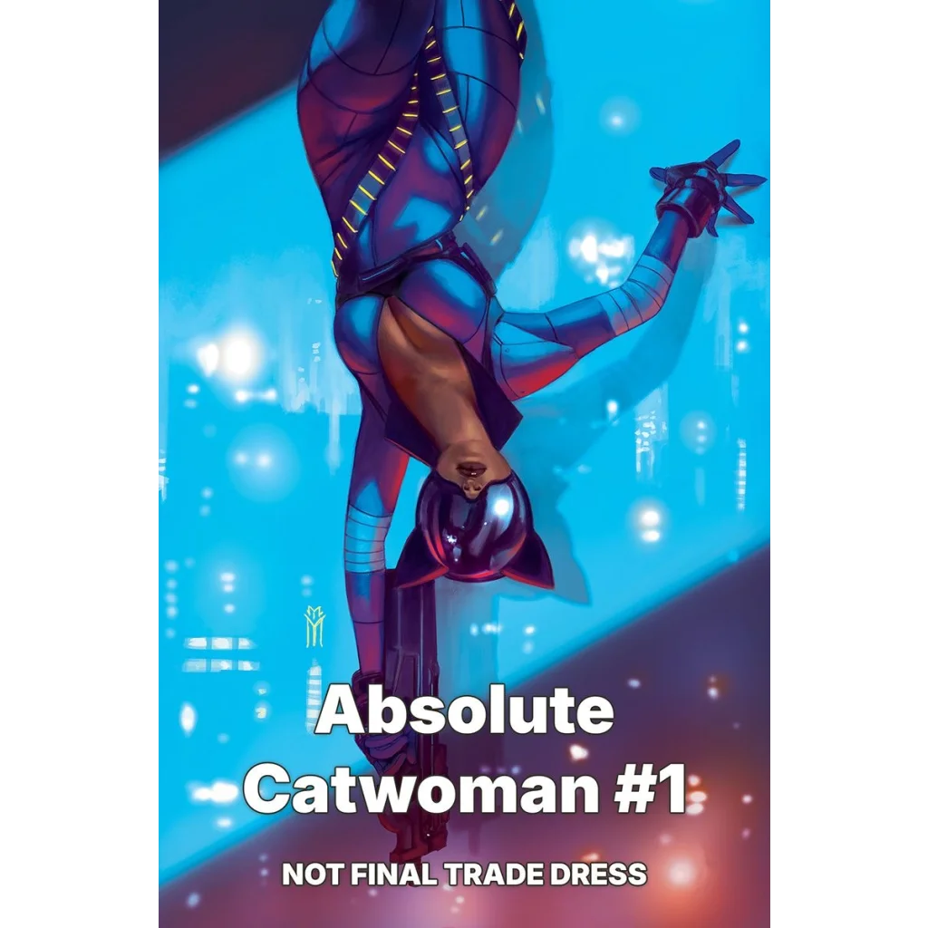 A sleek blue and purple armored suit with glowing yellow stitching featured in absolute catwoman #1 by miguel mercado