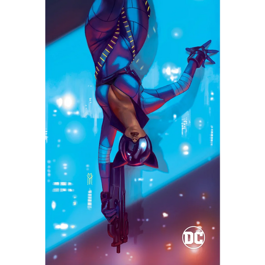 A sleek armored superhero in a blue and purple suit with glowing yellow accents hangs upside down in miguel mercado exclusive absolute catwoman cover artwork