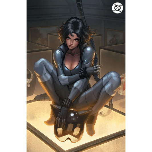 A sleek dark gray armored suit with segmented metallic plates and black gloves from absolute catwoman ejikure exclusive variant