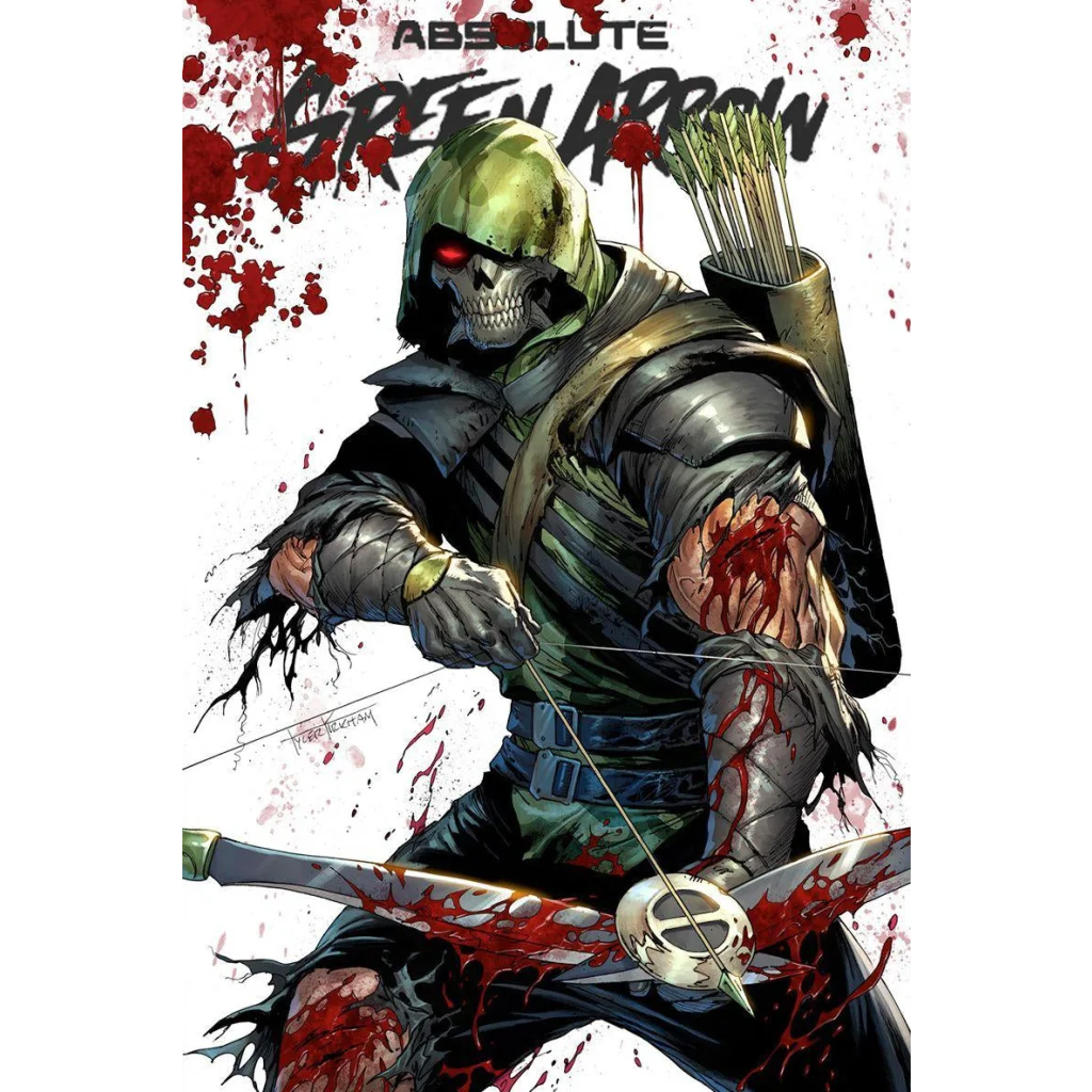 Absolute green arrow #1 comic cover by tyler kirkham features a skeletal green hooded figure with red glowing eyes and blood splatters