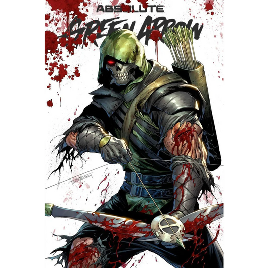 Absolute green arrow #1 comic cover by tyler kirkham features a skeletal green hooded figure with red glowing eyes and blood splatters