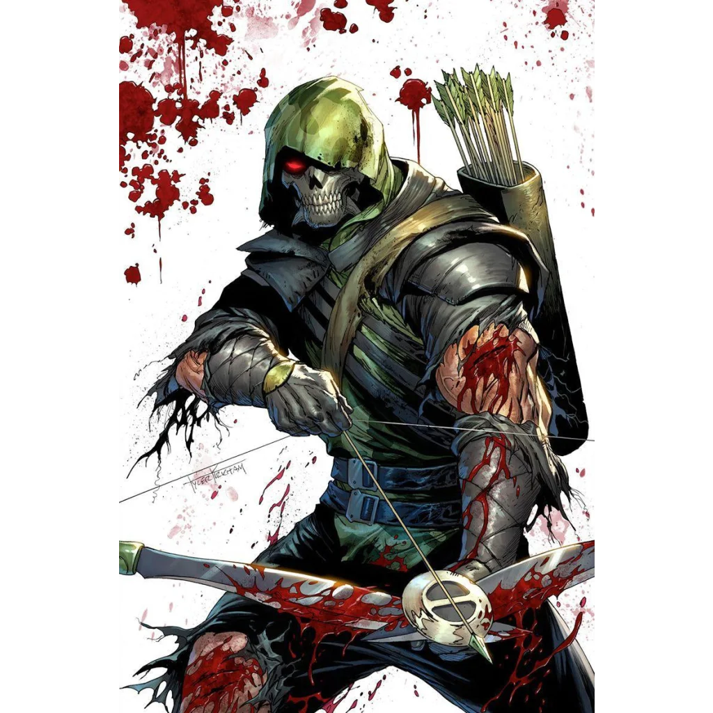 A grim green-hooded archer with skull face and red eyes in dark bloodstained armor on absolute green arrow #1 by Tyler Kirkham