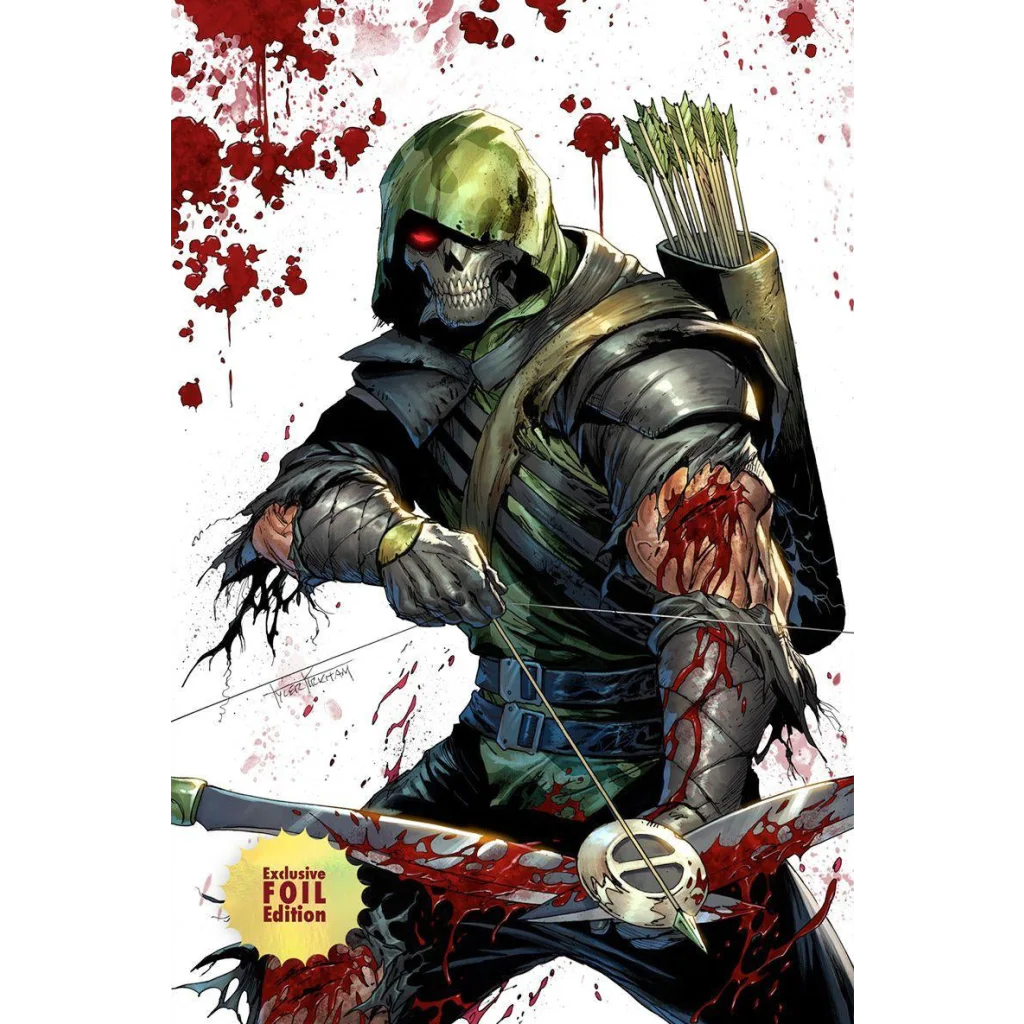A grim skeletal archer in a green hooded cloak and dark armor on the cover of absolute green arrow #1 by tyler kirkham