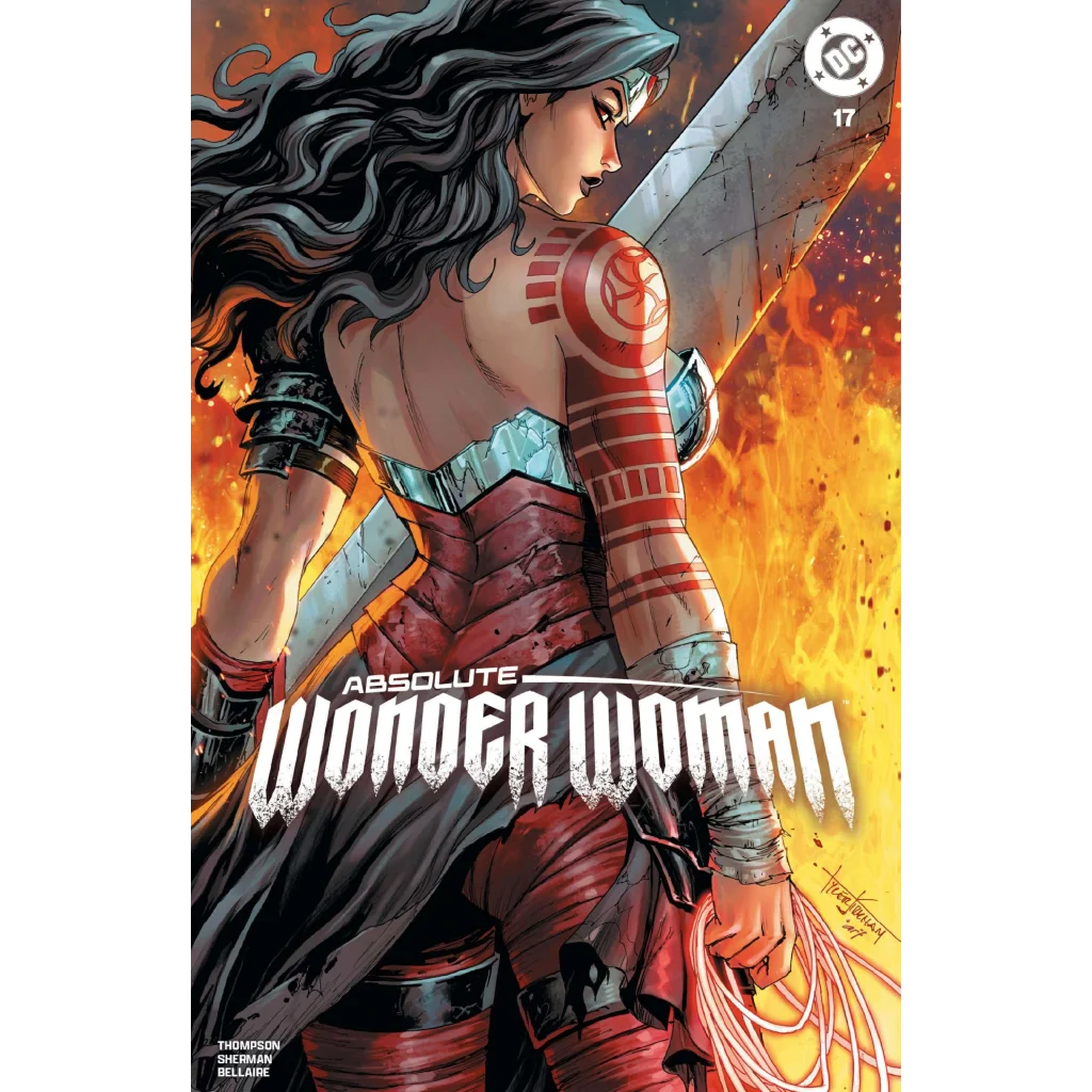 Wonder Woman in red teal armor holds lasso, Tyler Kirkham exclusive variant cover
