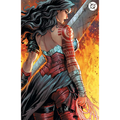 Red and silver armored Wonder Woman with glowing sword and cape, Tyler Kirkham exclusive variant