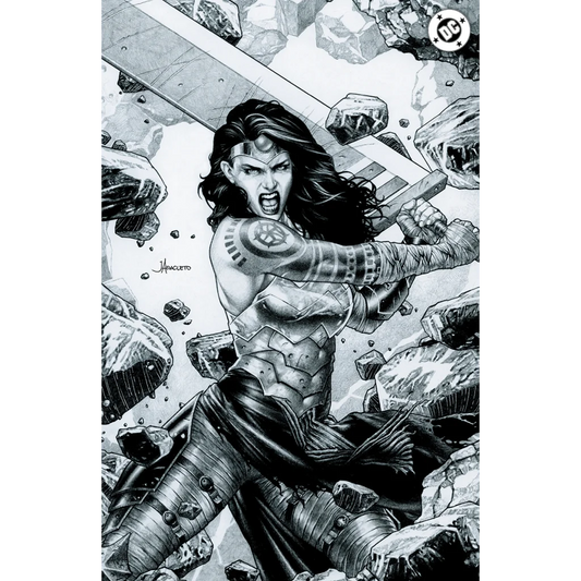 Black-and-white illustrated absolute wonder woman 21 cover featuring dynamic combat pose by jay anacleto exclusive