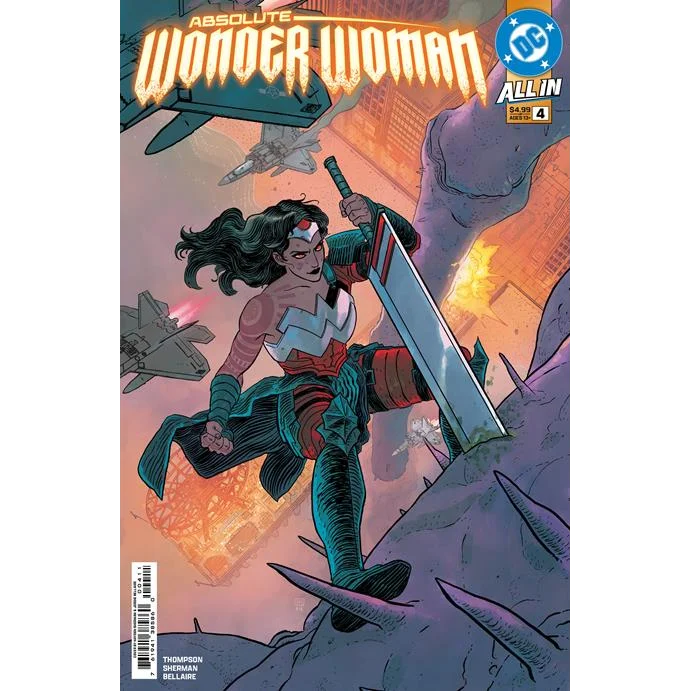 Wonder Woman in iconic red white teal costume wielding sword by Hayden Sherman