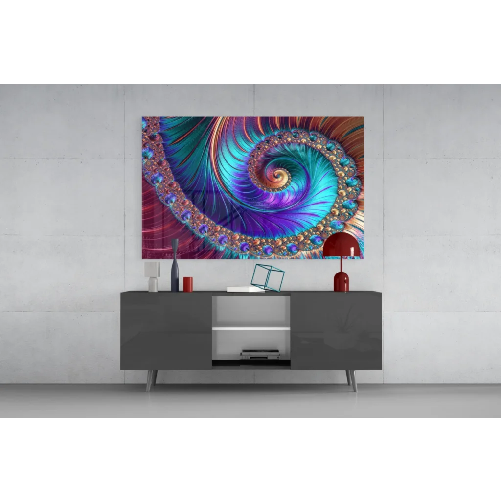 Mesmerizing fractal spiral glass wall art in teal, purple, gold