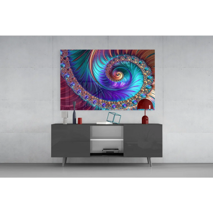 Mesmerizing fractal spiral glass wall art in teal, purple, gold