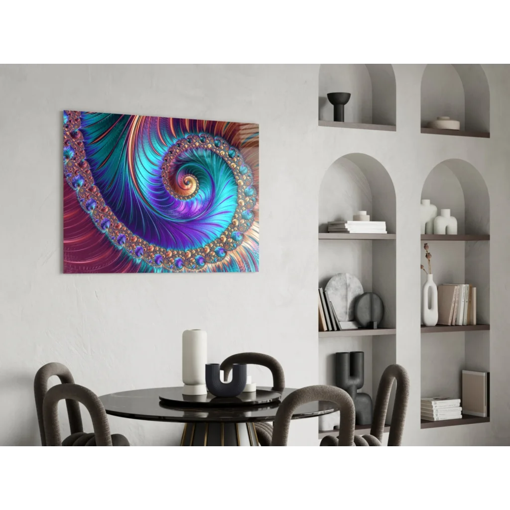 Mesmerizing fractal spiral glass wall art in teal purple gold