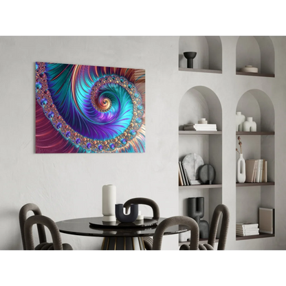 Mesmerizing fractal spiral glass wall art in teal purple gold