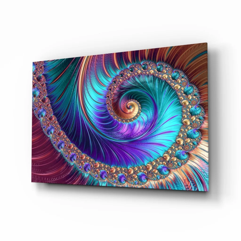 Mesmerizing fractal spiral glass wall art in teal, purple, gold