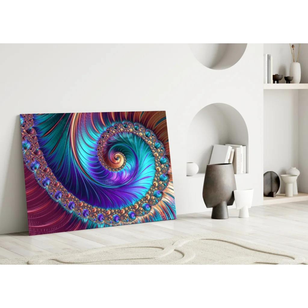 Mesmerizing teal purple gold fractal spiral glass wall art